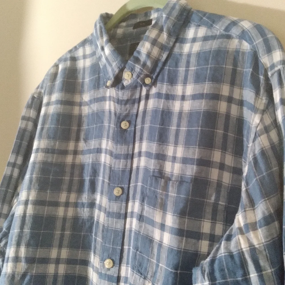 J. Crew Linen Mens Button Down Shirt Blue Plaid Preppy Nautical Summer‎ Large